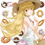  blonde_hair doughnut dress food hat hazama_aida honey_churro long_hair monogatari_(series) nisemonogatari oshino_shinobu pointy_ears pon_de_ring solo sun_hat yellow_eyes 