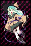  ;d blouse boots garters green_eyes green_hair green_skirt hat hat_ribbon kneehighs komeiji_koishi long_hair miniskirt one_eye_closed open_mouth over-kneehighs petticoat ribbon shamo_(koumakantv) shoes skirt smile solo thighhighs third_eye touhou wind yellow_blouse 