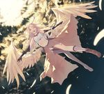  angel_wings bangs bare_shoulders bridal_gauntlets cloud cross elbow_gloves feathered_wings feathers flying from_below full_body gloves groin hair_between_eyes halo highres jibril_(no_game_no_life) kneehighs knees_together_feet_apart la-na large_wings light_rays long_hair magic_circle midriff mismatched_gloves mismatched_legwear navel no_game_no_life orange_eyes outstretched_arms pink_hair shoes single_kneehigh single_shoe single_thighhigh sky sleeveless solo spread_arms spread_wings sunbeam sunlight symbol-shaped_pupils tattoo thighhighs white_wings wings 