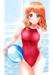  ball brown_eyes competition_swimsuit highres mashinatsu one-piece_swimsuit orange_hair original parted_lips short_hair solo speedo_(company) standing swimsuit 