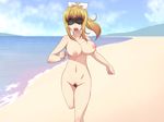  beach blindfold blonde_hair blush breasts day girly_running large_breasts long_hair marin_(umi_monogatari) navel nipples nude onigiri_(ocelot) open_mouth outdoors pubic_hair running solo streaking umi_monogatari uncensored water 