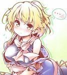  1girl arm_warmers blonde_hair blush breasts embarrassed green_eyes kibushi large_breasts looking_at_viewer mizuhashi_parsee pointy_ears ponytail scarf short_hair solo touhou 