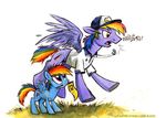  2014 baseball_cap clothing cutie_mark duo equine female flag friendship_is_magic grass hair hat male mammal multi-colored_hair my_little_pony pegasus plain_background polo_shirt purple_eyes rainbow_dad rainbow_dash_(mlp) rainbow_hair shouting sophiecabra whistle white_background wings yellow_eyes young 