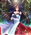  animal_ears bamboo bamboo_forest bare_shoulders blush breast_hold breasts brown_hair cleavage collarbone dress forest imaizumi_kagerou jewelry large_breasts long_hair looking_at_viewer nature night no_hat no_headwear open_mouth red_eyes satoji_(ochanomkmskry) solo touhou wolf_ears 