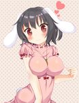  :&gt; alternate_breast_size animal_ears black_hair blush breasts bunny_ears bunny_tail carrot carrot_necklace covered_nipples heart impossible_clothes inaba_tewi jewelry large_breasts necklace older pendant red_eyes short_hair smile solo tail touhou unushi 