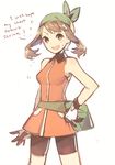  bandana bike_shorts blue_eyes brown_hair commentary dress english fanny_pack gloves hand_on_hip haruka_(pokemon) nervous open_mouth orange_dress pokemon pokemon_(game) pokemon_emerald pokemon_oras pokemon_rse solo weee_(raemz) white_background 