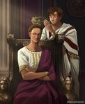  ahoge augustus axis_powers_hetalia brown_eyes brown_hair civilization_(series) civilization_v commentary crossed_arms crossover laurel_crown looking_away multiple_boys olive_wreath putting_on_headwear robe roman_clothes roman_empire rome_(hetalia) sherry_lai throne 