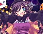  ;d black_gloves blue_eyes blush bow bowtie cape dancing_stars_on_me! dress ghost gloves halloween halloween_costume happy hat kaityuu1170 long_hair looking_at_viewer love_live! love_live!_school_idol_project one_eye_closed open_mouth outstretched_arms outstretched_hand pumpkin purple_dress purple_hair smile solo toujou_nozomi witch_hat 