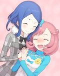  ^_^ ayase_naru blue_hair blush bow chiwino closed_eyes dress hands_together multiple_girls open_mouth pink_background pink_hair pretty_(series) pretty_rhythm pretty_rhythm_rainbow_live rinne_(pretty_rhythm) short_hair smile yuri 