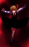  ascot blonde_hair crossed_legs dress floating glowing glowing_eyes hair_ribbon highres long_sleeves looking_at_viewer neko_zukin open_mouth outstretched_arms red_eyes ribbon rumia shirt shoes short_hair sketch socks spread_arms touhou white_legwear 