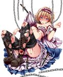  1girl alice_margatroid bdsm blonde_hair blood blue_eyes blush bondage boots bound bra breasts chains collar cuts hairband highres injury knife panties pantyhose s-syogo short_hair tears torn_clothes torn_pantyhose touhou underwear 
