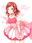  1girl breasts bridal_gauntlets dated dress earrings english flower gloves hair_flower hair_ornament happy_birthday hattori_(junoct2000) hattori_masaki jewelry large_breasts leaning_forward long_hair looking_at_viewer love_live!_school_idol_project nishikino_maki open_mouth pink_dress purple_eyes red_hair solo 