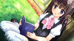  black_hair book bow game_cg long_hair natsu_koi_high_pressure purple_eyes seifuku setozaki_yuma smile tagme_(artist) thighhighs 