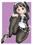  black black_legwear blush breasts brown_eyes cleavage earrings feet full_body gusset high_heels jewelry legs looking_at_viewer maid maid_headdress medium_breasts no_panties original outline pantyhose parted_lips shoes_removed short_twintails skirt solo twintails uniform uraharukon 