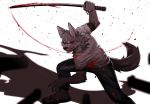  2018 anthro blood canine chang52084 claws clothed clothing fur hi_res male mammal melee_weapon solo spot_color sword weapon wolf 