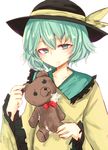  blush bow broken green_eyes green_hair hat hat_bow komeiji_koishi nyakonro_(nekonro) solo stuffed_animal stuffed_toy teddy_bear third_eye touhou white_background 