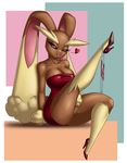  &lt;3 anthro breasts butt clothed clothing crovirus dress eyelashes female fingering footwear half-closed_eyes half-dressed happy heels high_heels lagomorph looking_at_viewer lopunny mammal masturbation nintendo penetration pok&#233;mon pok&eacute;mon rabbit shoes smile solo teeth underwear vaginal vaginal_penetration video_games 