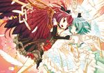  akuma_homura akuma_homura_(cosplay) blush chain chauke cosplay dress feathers green_eyes green_hair mahou_shoujo_madoka_magica mahou_shoujo_madoka_magica_movie miki_sayaka multiple_girls red_eyes red_hair sakura_kyouko smile spoilers ultimate_madoka ultimate_madoka_(cosplay) wings 