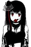  1girl arm_ribbon bare_shoulders black_dress black_hair choker dress female flower gloves gothic_lolita hair_ornament hat j-rock lace lolita_fashion long_hair looking_at_viewer mini_top_hat mouth_hold multicolored_hair pitsuuta red_eyes ribbon rose simple_background solo straight_hair tattoo top_hat two-tone_hair white_background yousei_teikoku yui_(yousei_teikoku) 