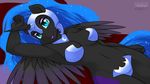  anthro anthrofied armor black_body blue_eyes blue_hair breastplate breasts cutie_mark equine eyelashes eyeshadow female friendship_is_magic hair helmet horn kloudmutt lipstick looking_at_viewer lying makeup mammal moon my_little_pony navel necklace nightmare_moon_(mlp) nude slit_pupils solo sparkles unconvincing_armor winged_unicorn wings 