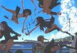  5girls akinbo_(hyouka_fuyou) bad_id bad_pixiv_id bird brown_hair commentary diving fundoshi japanese_clothes long_hair money multiple_girls original panties penguin reaching school_uniform skirt translated underwear white_panties 