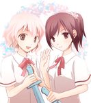  2girls ansatsu_kyoushitsu blonde_hair breasts brown_eyes brown_hair flower hypoxis knife kurahashi_hinano long_hair multiple_girls open_mouth ponytail ribbon school_uniform short_hair smile weapon yada_touka 