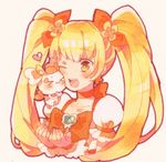  blonde_hair blush bow choker cure_sunshine earrings eyelashes hair_ornament hair_ribbon happy hayashi_(kanzume) heartcatch_precure! jewelry long_hair magical_girl myoudouin_itsuki one_eye_closed open_mouth orange_bow orange_choker potpourri_(heartcatch_precure!) precure puffy_sleeves ribbon shirt simple_background smile solo twintails white_background wrist_cuffs yellow_eyes 
