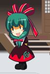  :d animated animated_gif chibi dress front_ponytail green_eyes green_hair hypnotic iosys kagi kagiyama_hina lowres open_mouth red_dress ribbon smile solo swaying touhou |_| 