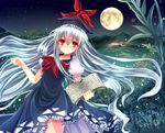  blue_hair book bow bush dress e-co fireflies full_moon hat hat_ribbon kamishirasawa_keine long_hair looking_at_viewer moon mountain night open_book outdoors puffy_short_sleeves puffy_sleeves red_eyes ribbon shore short_sleeves sky smile solo star_(sky) starry_sky touhou very_long_hair water 