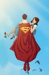  1boy 1girl alien bird black_hair cape carrying clark_kent couple dc_comics flying high_heels kal-el kryptonian lois_lane princess_carry red_cape red_shoes s_shield shoe_dangle shoes sky smile superman superman_(series) 