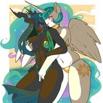  anthro anthrofied arnachy big_breasts black_body blue_hair blush breast_grab breasts changeling cutie_mark duo equine female fingering friendship_is_magic fur green_eyes grope hair horn huge_breasts lesbian mammal multi-colored_hair my_little_pony nipples one_eye_closed open_mouth panties princess_celestia_(mlp) purple_eyes pussy_juice queen_chrysalis_(mlp) sweat swimsuit tongue tongue_out underwear vaginal vaginal_fingering white_fur winged_unicorn wings 