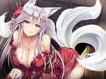  :q animal_ears bare_shoulders blush breasts cleavage collarbone fox_ears fox_tail hair_ornament hair_stick japanese_clothes kimono large_breasts long_hair looking_at_viewer multiple_tails obi off_shoulder original purple_eyes sash silver_hair smile solo tail tongue tongue_out utsurogi_akira wide_hips yuujo 