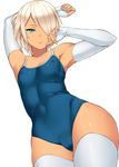  aqua_eyes armpits arms_up blonde_hair bridal_gauntlets cameltoe character_request competition_school_swimsuit covered_nipples derivative_work fingerless_gloves flat_chest gloves green_eyes hair_over_one_eye looking_at_viewer md5_mismatch one-piece_swimsuit original shiny shiny_clothes short_hair simple_background skin_tight solo swimsuit tan thighhighs toned white_background white_legwear zonda_(solid_air) 