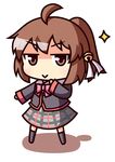  :&gt; ahoge bell bow brown_eyes brown_hair chibi hair_ornament hands_on_own_face kukku little_busters! natsume_rin pink_bow ponytail school_uniform simple_background smile solo sparkle white_background 