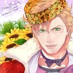  blonde_hair bow bowtie caesar_anthonio_zeppeli crown facial_mark flower ganbaru_(woainini) green_eyes jojo_no_kimyou_na_bouken lips male_focus realistic solo sunflower 