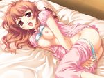  1girl 800x600 :o ass bed blush bra bra_lift breast_squeeze breasts brown_hair butt_crack game_cg long_hair looking_at_viewer lying navel nekoneko_soft nipples open_mouth pajamas panties panties_down panty_pull red_eyes sorairo tomosaka_tsubame underwear 