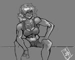  abs andava bike_shorts breasts claudia_emma_cross cleavage collarbone freckles greyscale hair_over_one_eye hand_on_thigh large_breasts lips midriff monochrome muscle navel original short_hair sitting sketch solo sports_bra 