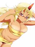  :o alternate_costume armpits arms_up bad_id bad_pixiv_id belly bespectacled blonde_hair breasts bursting_breasts cleavage curvy glasses horn hoshiguma_yuugi hyudora large_breasts long_hair navel parted_lips red_eyes semi-rimless_eyewear simple_background solo strapless tan tanline touhou tubetop white_background yellow 
