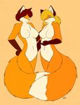  anthro big_breasts black_nose blonde_hair blue_eyes breasts brown_hair canine chest_tuft duo female fluffy_tail fox fur green_eyes hair lesbian long_hair looking_at_viewer mammal nude orange_fur smile starfighter tuft 