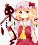  ascot blonde_hair eyelashes flandre_scarlet hat hat_ribbon laevatein looking_at_viewer mob_cap outline parted_lips red_eyes ribbon short_hair short_sleeves side_ponytail simple_background skirt skirt_set solo tororo_(yashiro) touhou white_background wings wrist_cuffs 