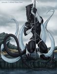  allison_theus ambiguous_gender anthro beastofoblivion black_body looking_at_viewer male outside piercing polearm scalie solo standing water 