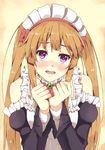  apron blush brown_hair detached_sleeves elf long_hair looking_at_viewer maid maid_headdress myucel_foalan open_mouth outbreak_company pointy_ears ponishi. purple_eyes solo twintails 