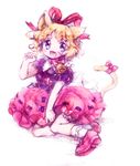  amo animal_ears bell bell_collar blonde_hair blue_eyes bow cat_ears cat_tail collar fang hair_ribbon kemonomimi_mode looking_at_viewer medicine_melancholy open_mouth paw_pose puffy_short_sleeves puffy_sleeves ribbon shirt short_sleeves skirt smile solo tail tail_bow touhou traditional_media 