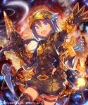  arm_up arrow blue_eyes blue_hair blush bow_(weapon) claws crossbow feena_(shingeki_no_bahamut) gloves hair_between_eyes hat looking_at_viewer mckeee open_mouth pickaxe shadowverse shingeki_no_bahamut short_hair shorts smile solo weapon 