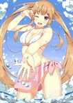  ;d alternate_costume bikini breasts brown_hair elf highres large_breasts long_hair myucel_foalan one_eye_closed open_mouth outbreak_company pointy_ears ponishi. purple_eyes smile solo swimsuit twintails very_long_hair wading water 