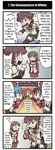  3girls 4koma ? ahoge artist_request blue_eyes blue_hair brown_eyes brown_hair burnt character_request choker class_of_heroes clenched_hand clenched_teeth comic directional_arrow emphasis_lines english glasses gnome_(totomono) hard_translated highres human_(totomono) interlocked_fingers jewelry ken_to_mahou_to_gakuen_mono multiple_girls necklace official_art opaque_glasses open_mouth parted_lips pleated_skirt pointing school_uniform skirt smile speech_bubble sweat talking teeth translated writing 