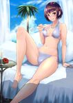  abs alcohol arm_support barefoot bikini blue_eyes blush brown_hair din_(raiden) flower frilled_bikini frills glass goblet hibiscus jewelry looking_at_viewer navel necklace original palm_tree short_hair side-tie_bikini sitting smile solo spill swimsuit tree wine 