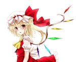  ascot bad_id bad_pixiv_id blonde_hair blush bow flandre_scarlet hat hat_bow koyashaka looking_back mob_cap open_mouth red_eyes side_ponytail simple_background solo tearing_up touhou wings 