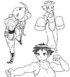  ahoge armband ass breasts cammy_white capcom choker cleavage cleavage_cutout collage company_connection crossover full_body greyscale hat huge_ahoge jiangshi large_breasts lei_lei leotard makoto_(street_fighter) monochrome multiple_girls ribbed_leotard short_hair shoulder_pads sleeves_past_wrists sports_bra street_fighter street_fighter_zero_(series) tsukudani_(coke-buta) vampire_(game) 