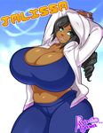  agawa_ryou black_hair borrowed_character breasts cleavage dark_skin drill_hair gigantic_breasts green_eyes hood hoodie lipstick long_hair makeup open_clothes open_hoodie original pants plump smile solo thick_thighs thighs 